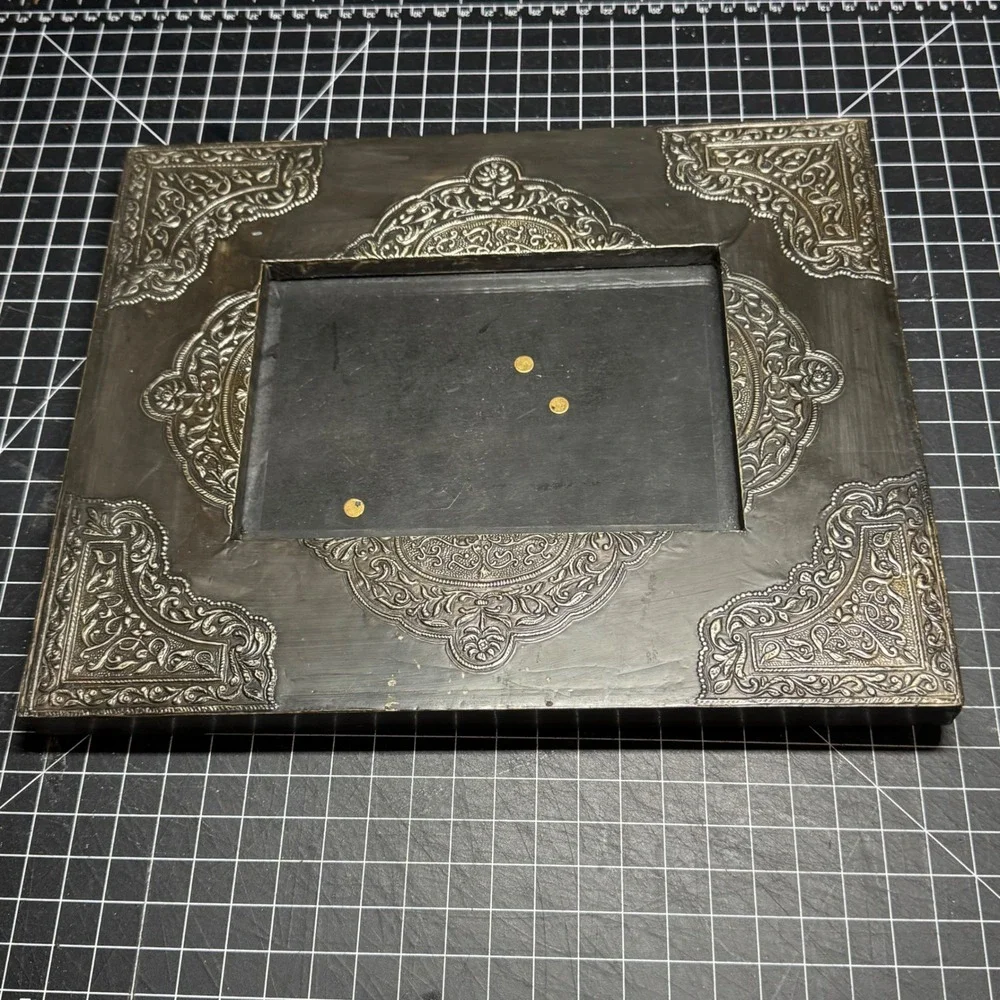 Vintage Embossed Metal Picture Frame Ornate Floral Scrollwork Pewter Tone 8x10
